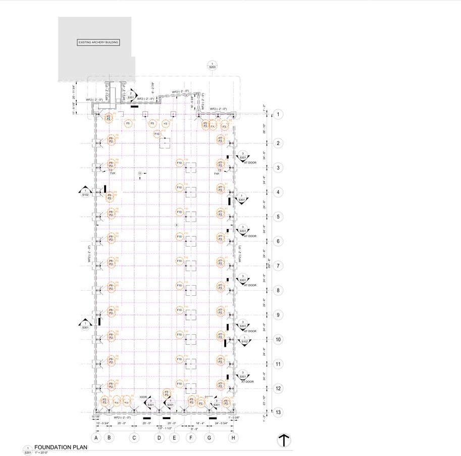 AI-marked foundation plan, every footing tagged and placed